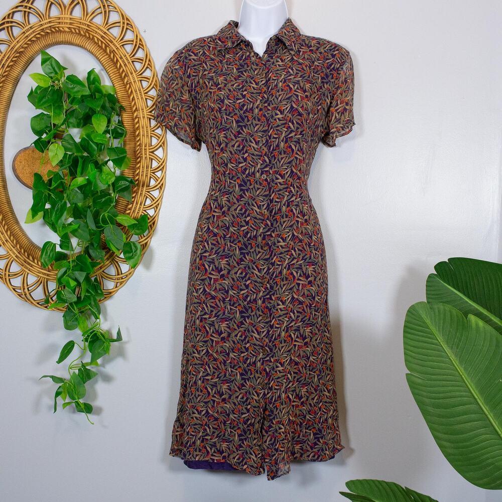 Silk Leaf Print Midi Dress Purple Olive Burnt Orange Fall Floral | Dark Autumn